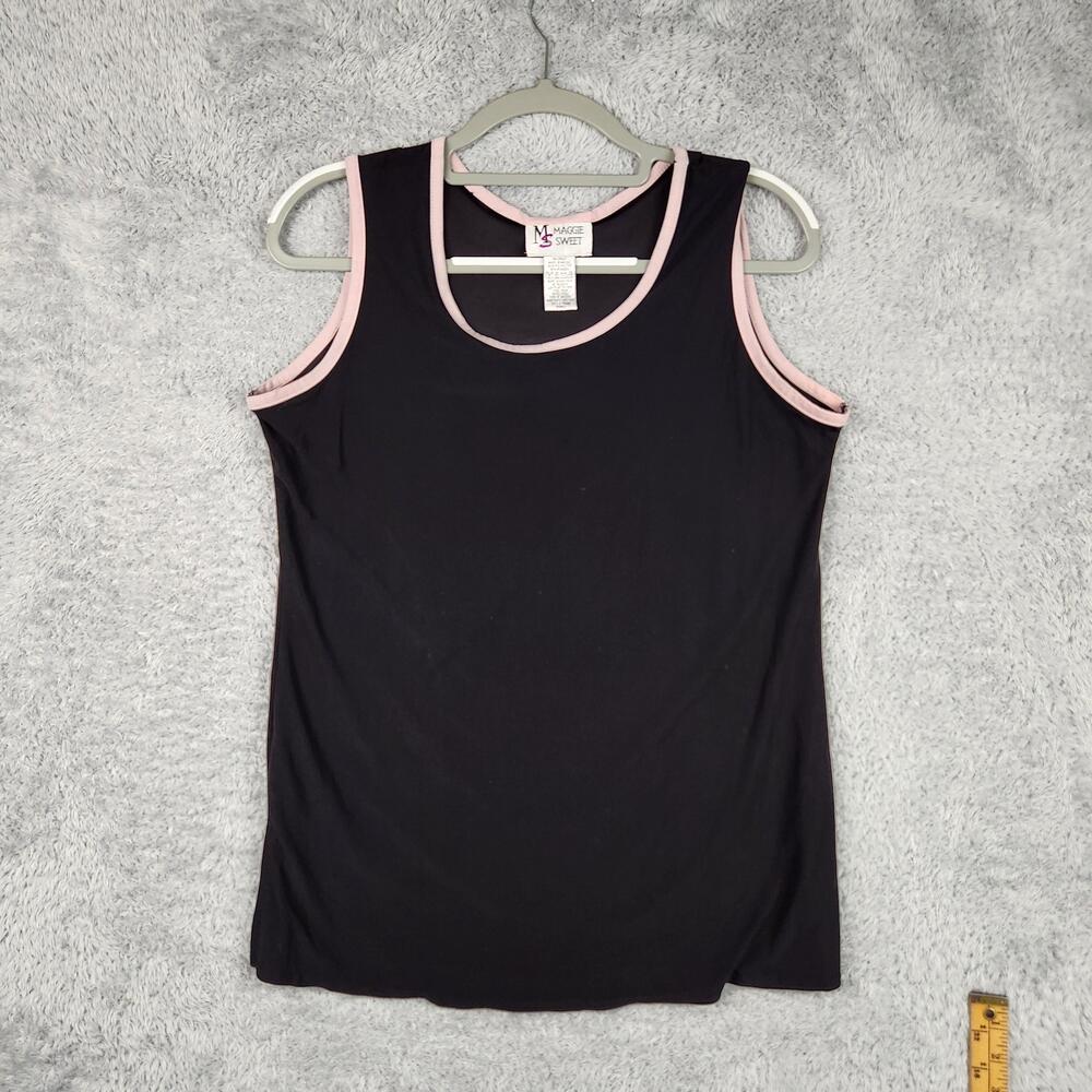 Vintage Maggie Sweet Tank Top Womens Small Black Pink Trim Stretch Basic Summer